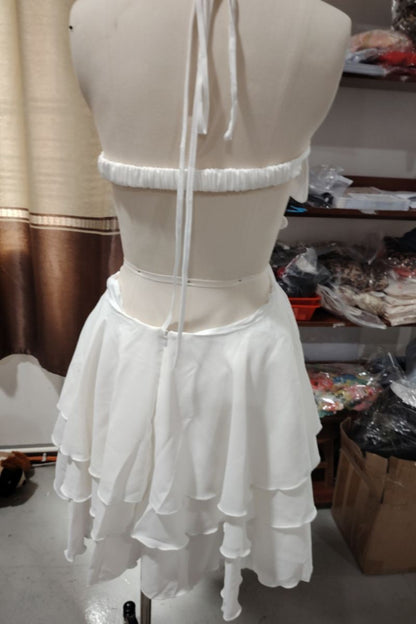 Color Lace Up Backless Halter Cake Skirt Dresses