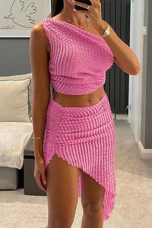 Color Patchwork Oblique Collar Sleeveless Two Pieces