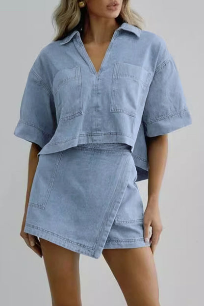 Street Color Pocket Irregular Polo Collar Two Pieces