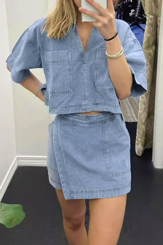 Street Color Pocket Irregular Polo Collar Two Pieces