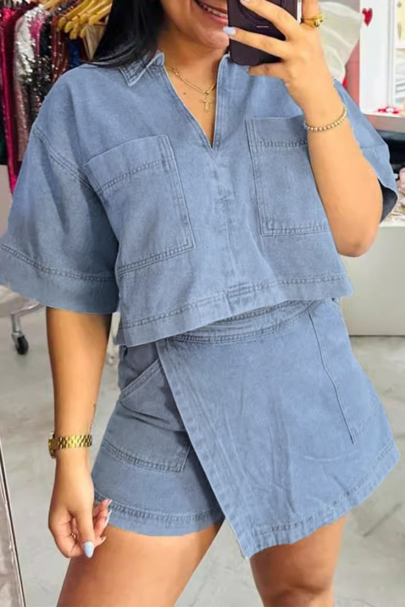 Street Color Pocket Irregular Polo Collar Two Pieces