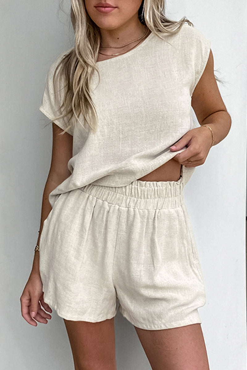 Daily Color Pocket O Neck Short Sleeve Two Pieces