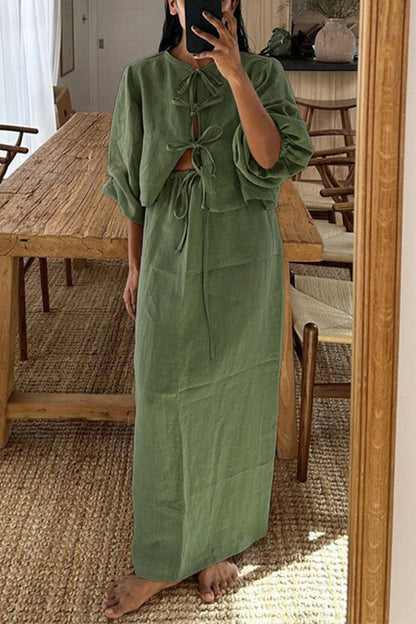 Daily Color Lace Up O Neck Long Sleeve Two Pieces