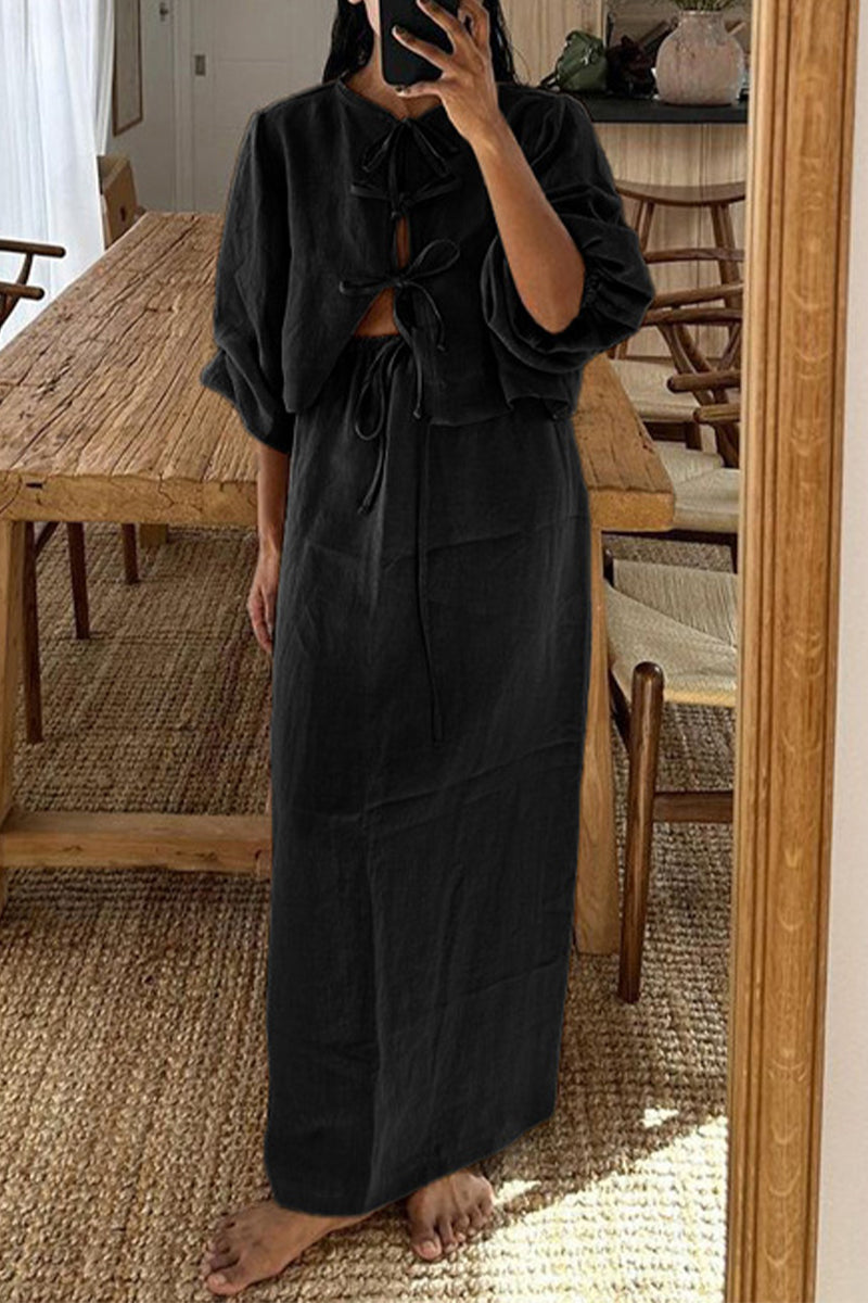 Daily Color Lace Up O Neck Long Sleeve Two Pieces