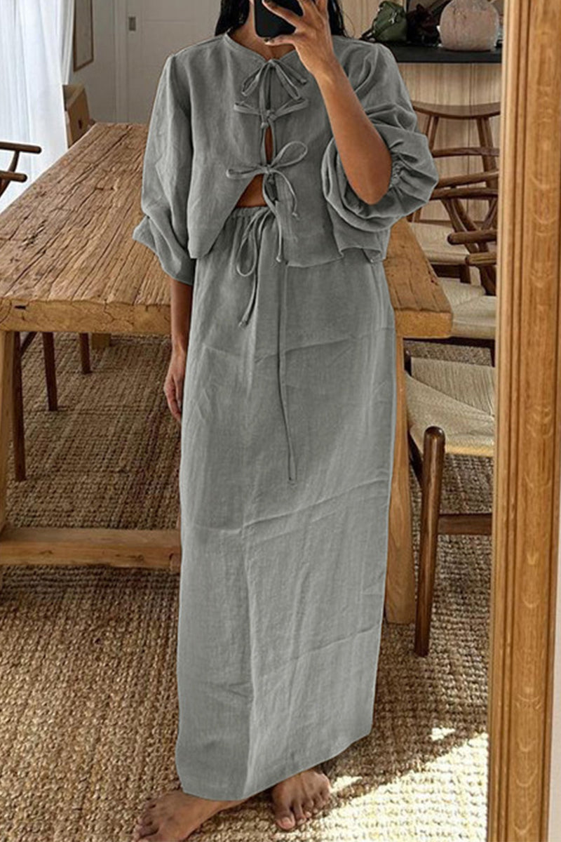 Daily Color Lace Up O Neck Long Sleeve Two Pieces
