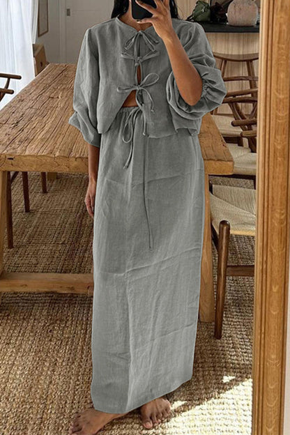 Daily Color Lace Up O Neck Long Sleeve Two Pieces
