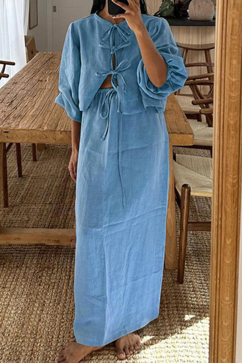 Daily Color Lace Up O Neck Long Sleeve Two Pieces