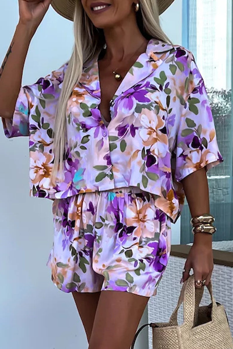 Street Print Patchwork Turndown Collar Short Sleeve Two Pieces