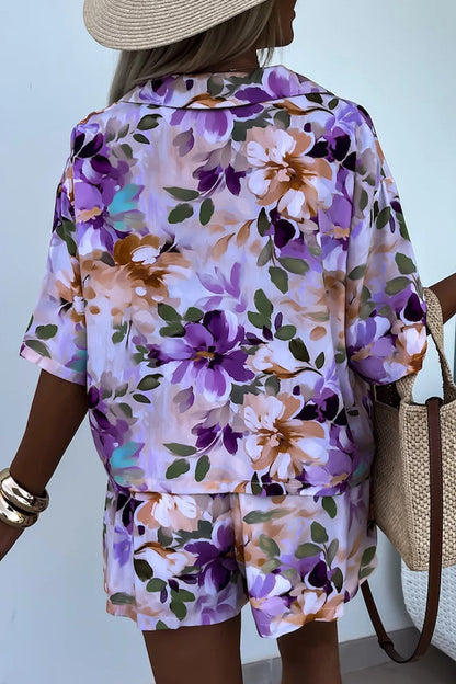 Street Print Patchwork Turndown Collar Short Sleeve Two Pieces