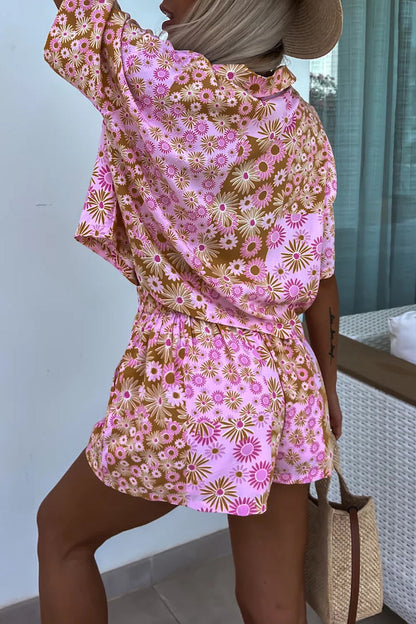Street Print Patchwork Turndown Collar Short Sleeve Two Pieces