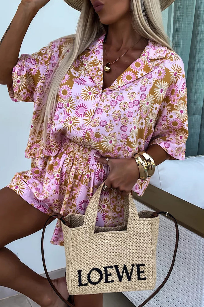 Street Print Patchwork Turndown Collar Short Sleeve Two Pieces