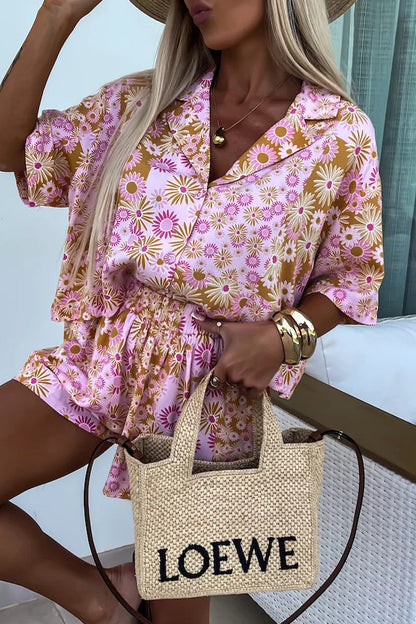 Street Print Patchwork Turndown Collar Short Sleeve Two Pieces