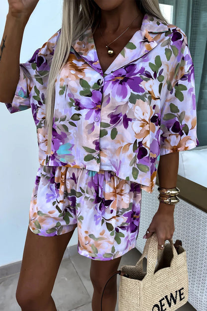 Street Print Patchwork Turndown Collar Short Sleeve Two Pieces