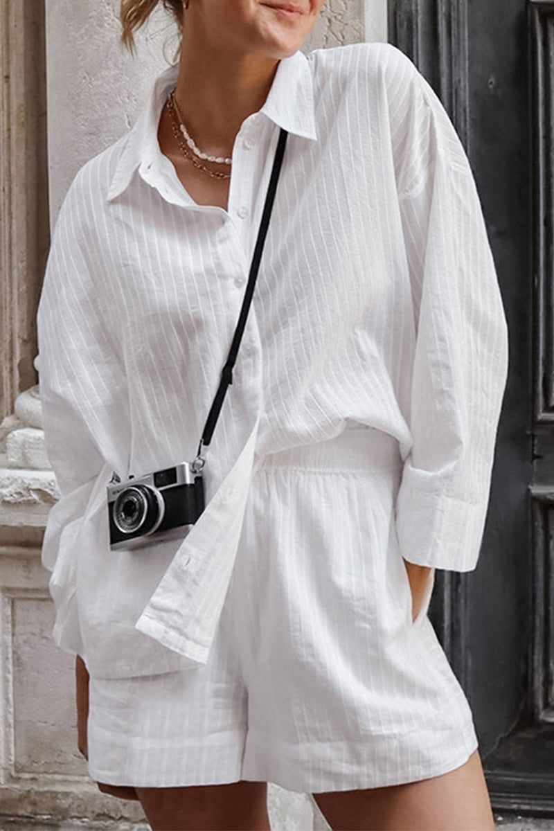 Street Daily Jacquard Color Pocket Buttons Turndown Collar Long Sleeve Two Pieces
