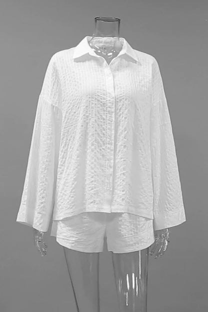 Street Daily Jacquard Color Pocket Buttons Turndown Collar Long Sleeve Two Pieces