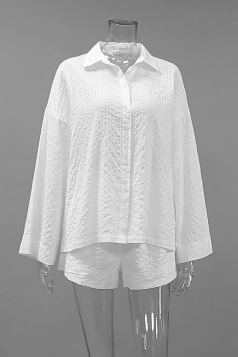 Street Daily Jacquard Color Pocket Buttons Turndown Collar Long Sleeve Two Pieces