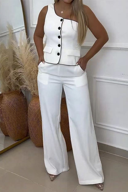 Daily Color Pocket Buttons Oblique Collar Sleeveless Two Pieces