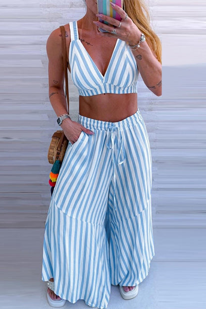 Street Stripe Pocket Lace Up Ruffle V Neck Sleeveless Two Pieces