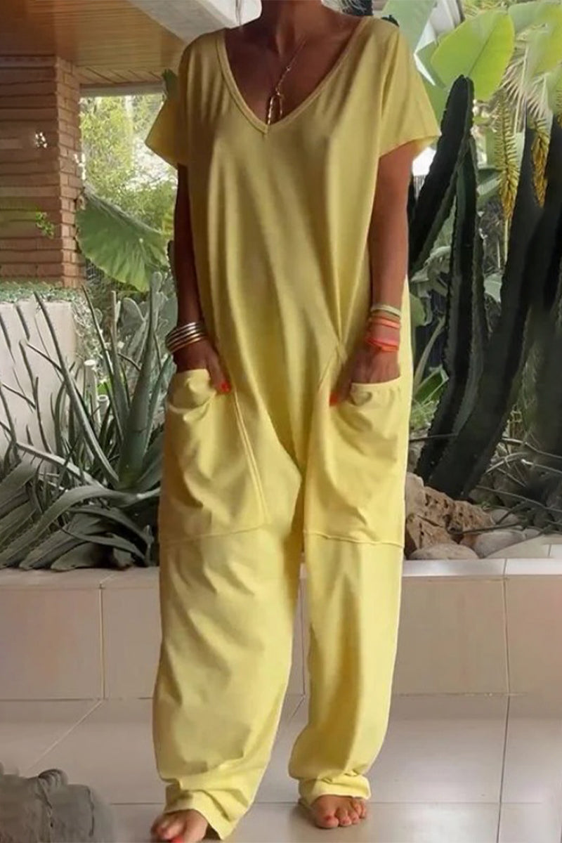 Daily Color Pocket V Neck Loose Jumpsuits(8 Colors)