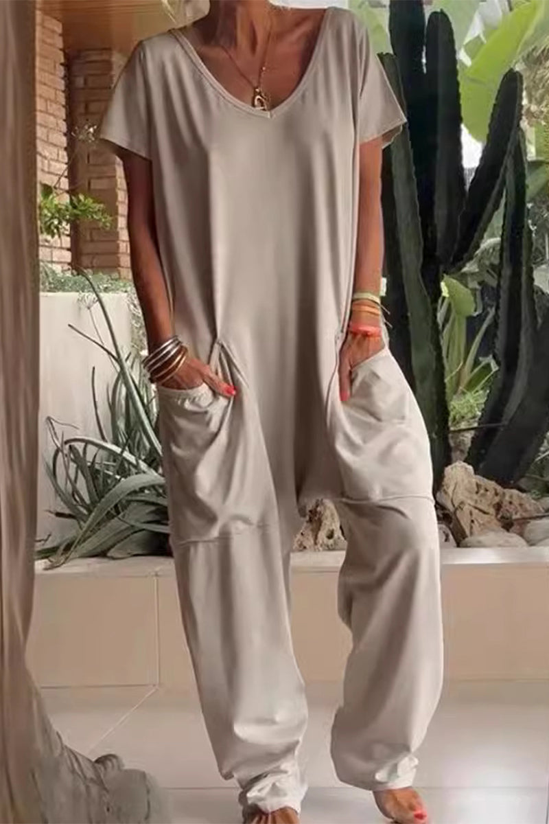Daily Color Pocket V Neck Loose Jumpsuits(8 Colors)