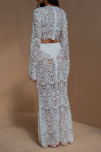 Color Lace Hollow Out O Neck Long Sleeve Two Pieces