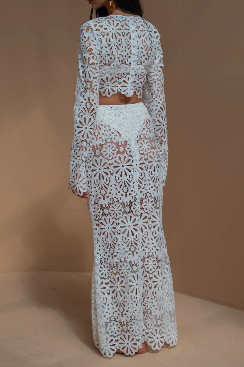 Color Lace Hollow Out O Neck Long Sleeve Two Pieces