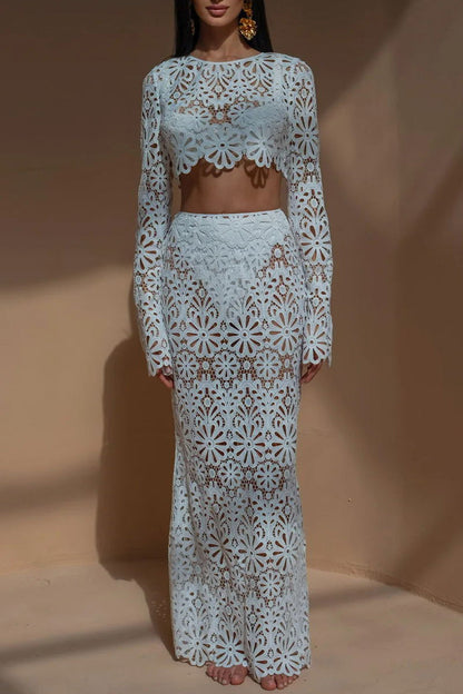 Color Lace Hollow Out O Neck Long Sleeve Two Pieces