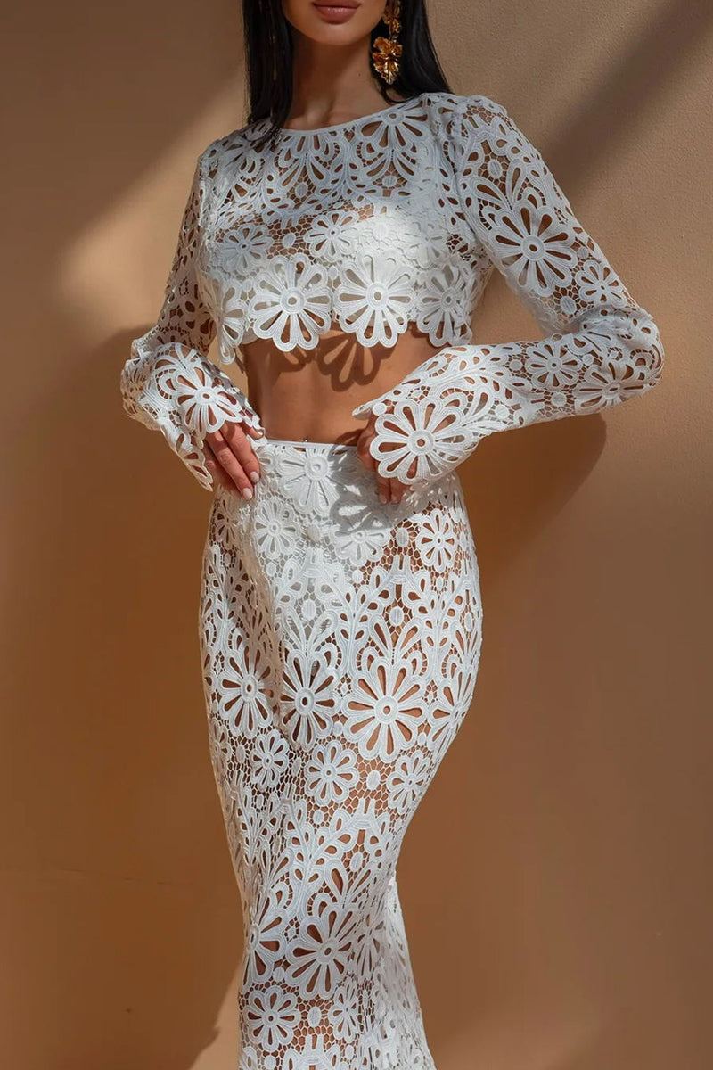 Color Lace Hollow Out O Neck Long Sleeve Two Pieces