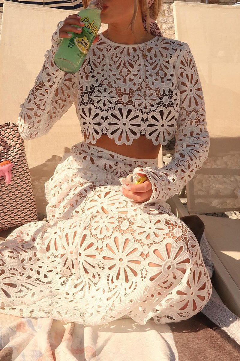 Color Lace Hollow Out O Neck Long Sleeve Two Pieces