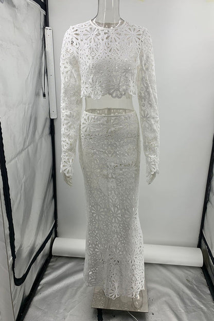 Color Lace Hollow Out O Neck Long Sleeve Two Pieces