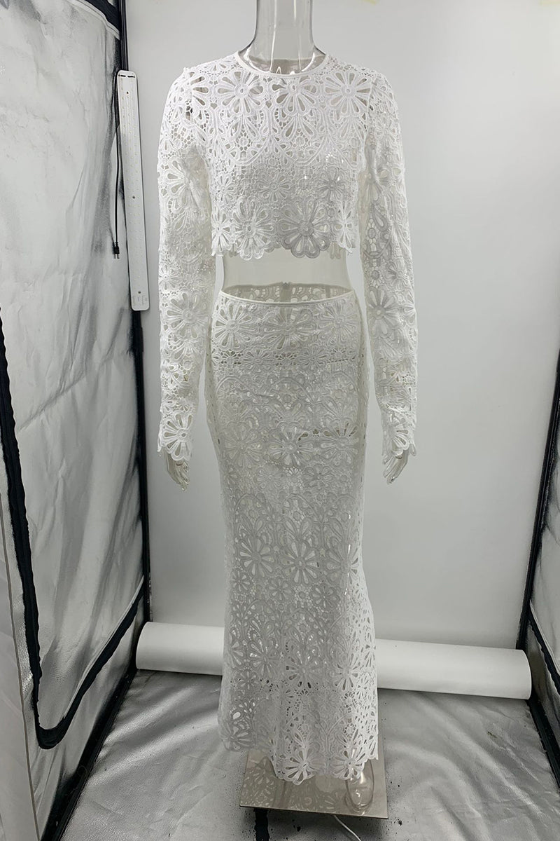 Color Lace Hollow Out O Neck Long Sleeve Two Pieces