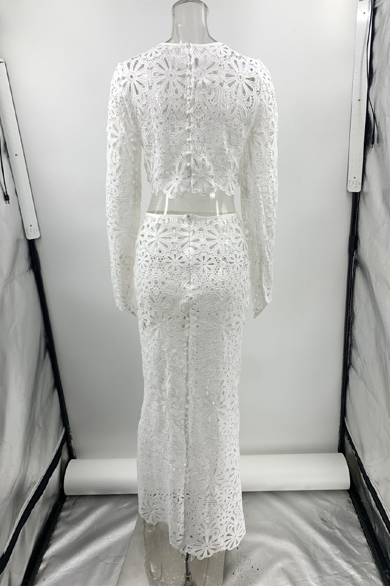 Color Lace Hollow Out O Neck Long Sleeve Two Pieces