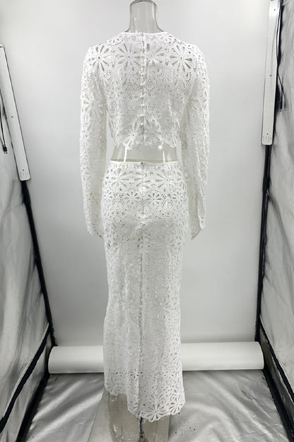 Color Lace Hollow Out O Neck Long Sleeve Two Pieces