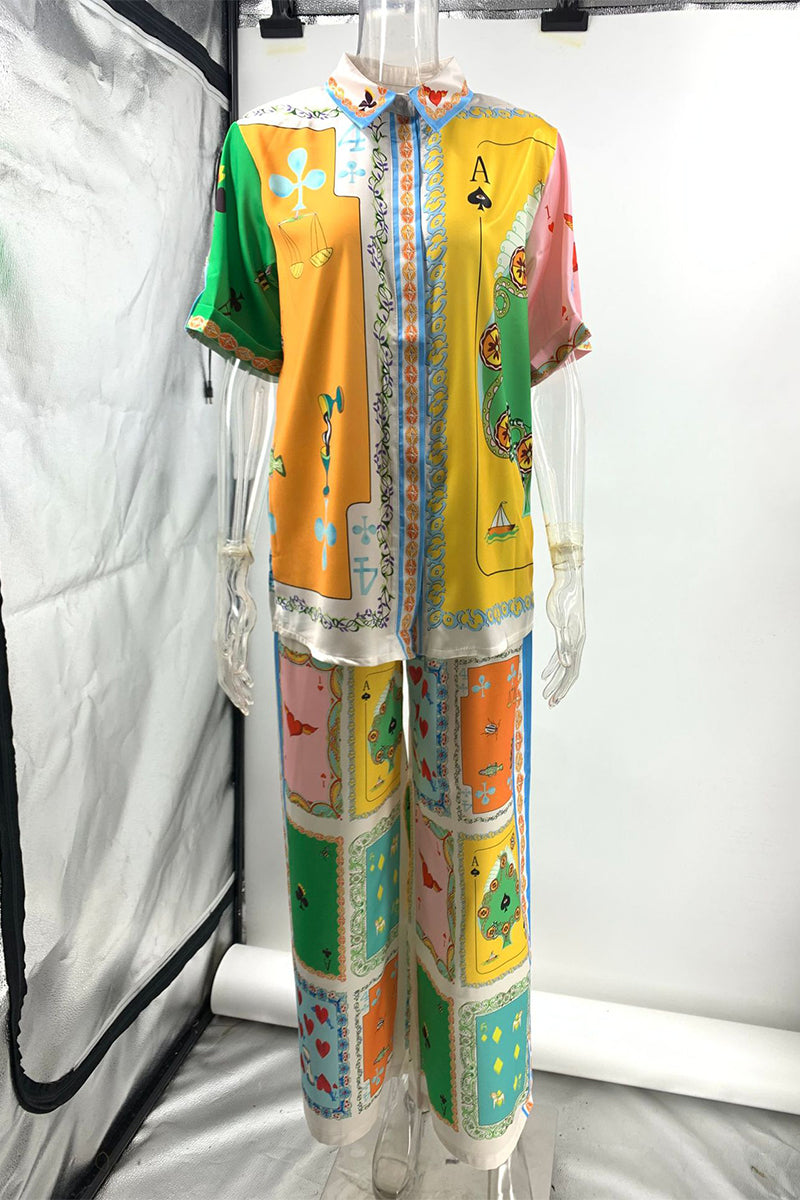 Street Digital Letter Print Contrast Turndown Collar Short Sleeve Two Pieces
