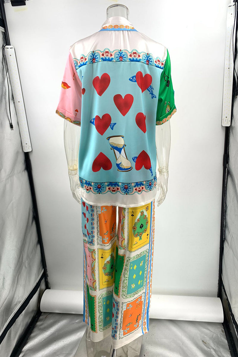 Street Digital Letter Print Contrast Turndown Collar Short Sleeve Two Pieces
