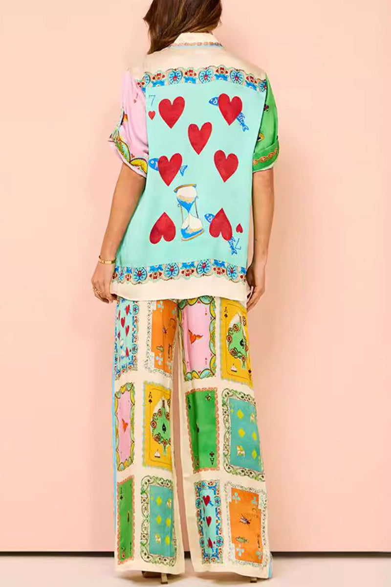 Street Digital Letter Print Contrast Turndown Collar Short Sleeve Two Pieces