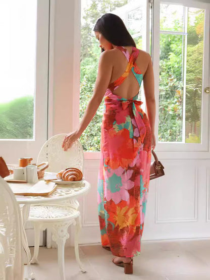 Print Lace Up Backless Strap Design V Neck One Step Skirt Dresses