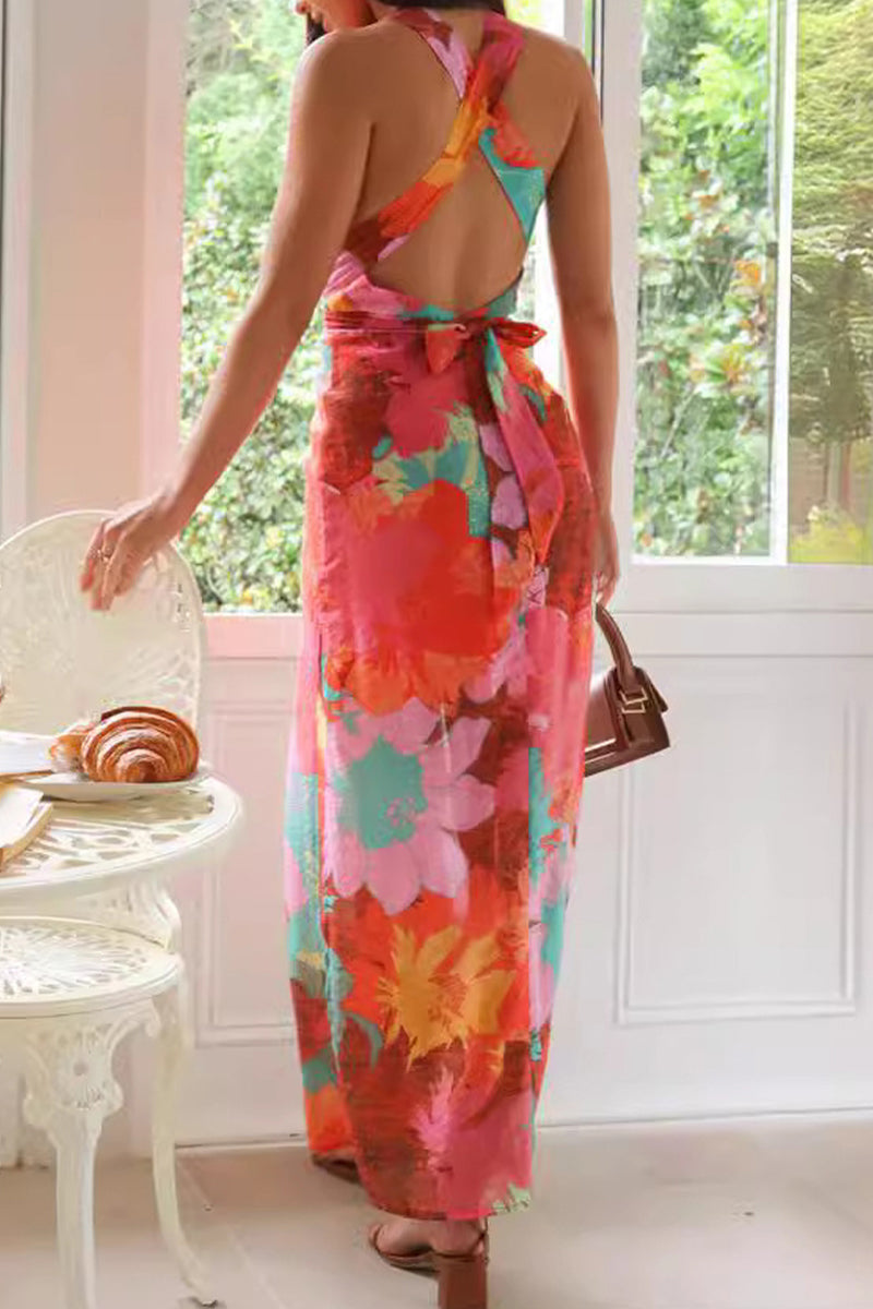 Print Lace Up Backless Strap Design V Neck One Step Skirt Dresses