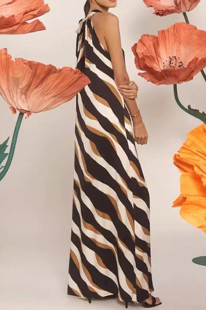 Daily Striped Print Lace Up Contrast Halter One Step Skirt Dresses