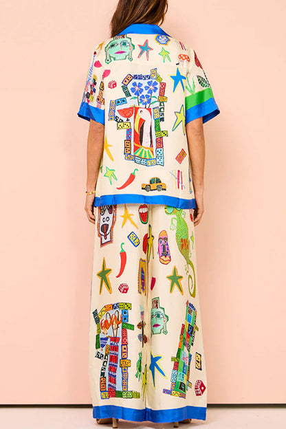 Street Graffiti Print Patchwork Contrast Turndown Collar Short Sleeve Two Pieces