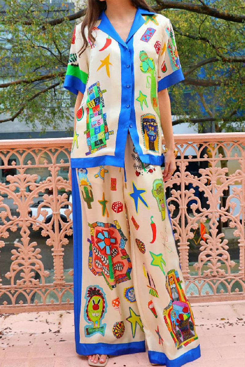 Street Graffiti Print Patchwork Contrast Turndown Collar Short Sleeve Two Pieces