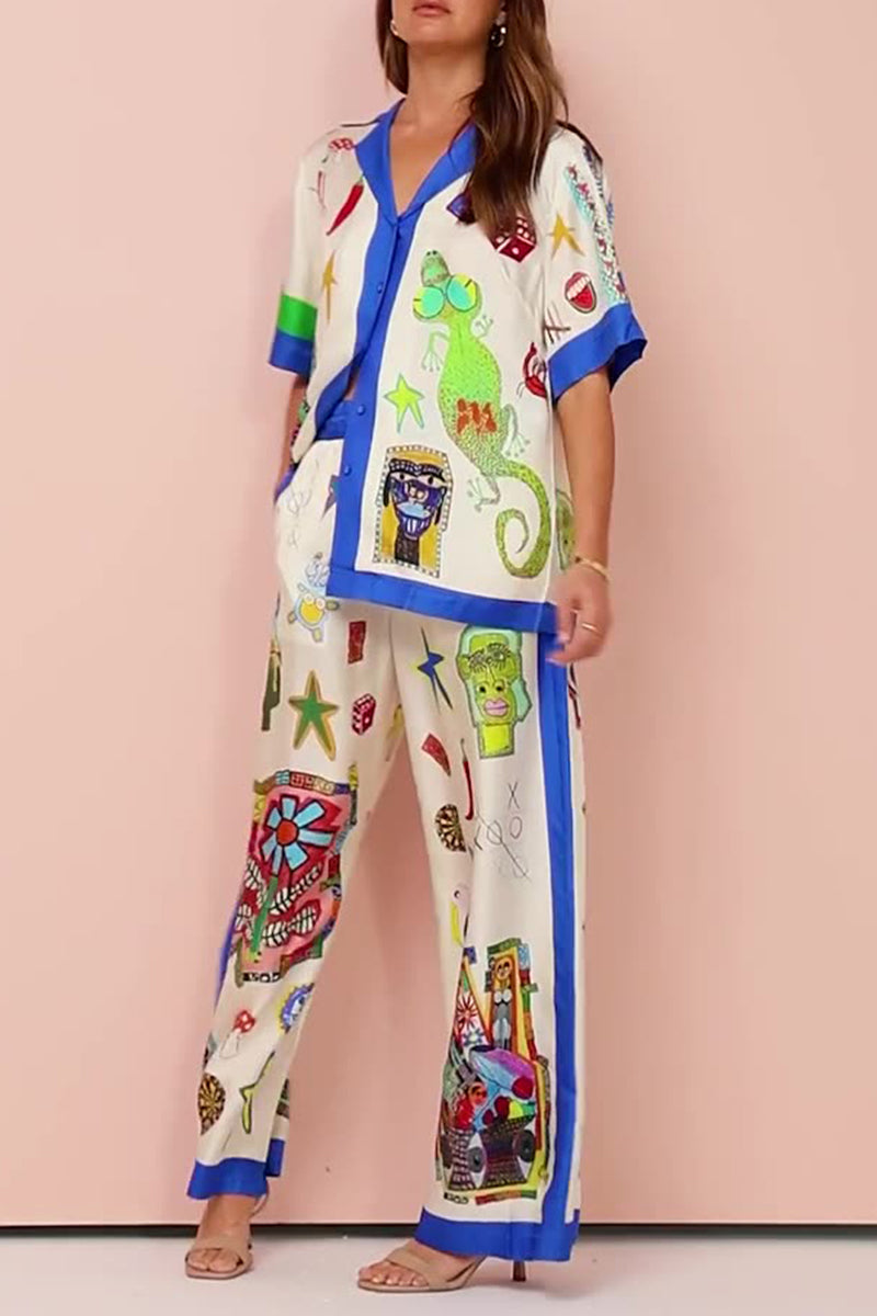 Street Graffiti Print Patchwork Contrast Turndown Collar Short Sleeve Two Pieces