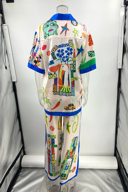 Street Graffiti Print Patchwork Contrast Turndown Collar Short Sleeve Two Pieces
