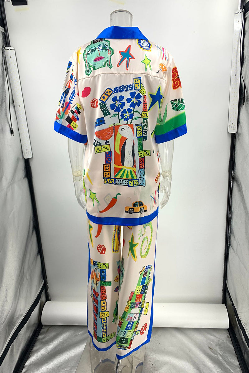 Street Graffiti Print Patchwork Contrast Turndown Collar Short Sleeve Two Pieces