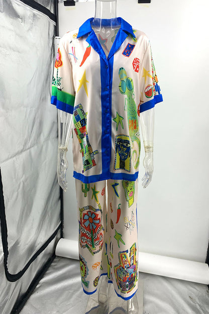 Street Graffiti Print Patchwork Contrast Turndown Collar Short Sleeve Two Pieces