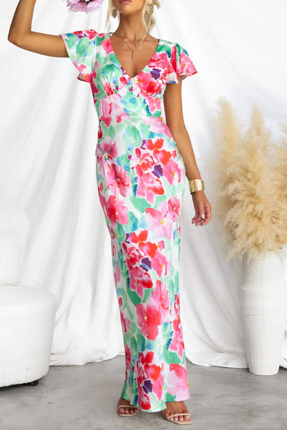 Print Contrast V Neck One Step Skirt Dresses