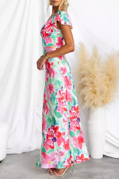 Print Contrast V Neck One Step Skirt Dresses