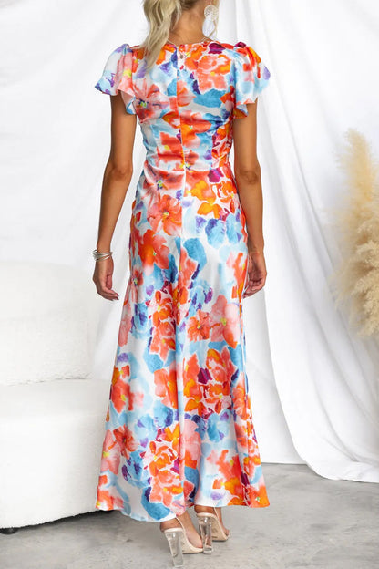 Print Contrast V Neck One Step Skirt Dresses
