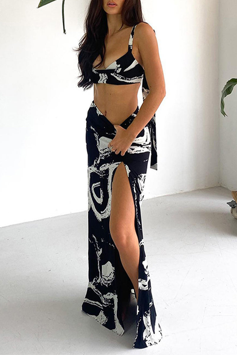 Geometric Print Draw String Contrast V Neck Sleeveless Two Pieces