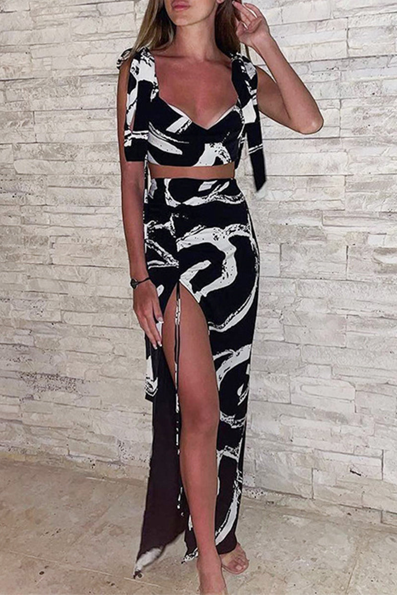 Geometric Print Draw String Contrast V Neck Sleeveless Two Pieces